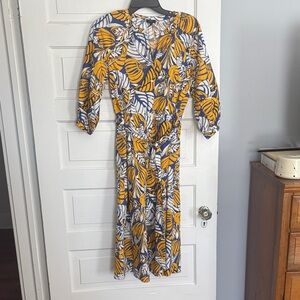 Talbots Yellow and Blue Leaf Print Long Sleeve Dress